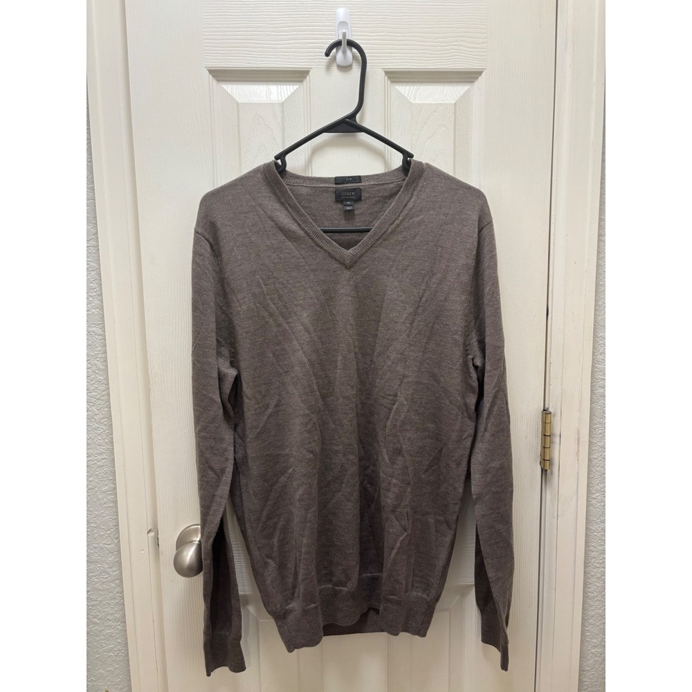 J.Crew Mens Slim Merino Wool V-Neck Sweater Brown Heather Taupe Medium M